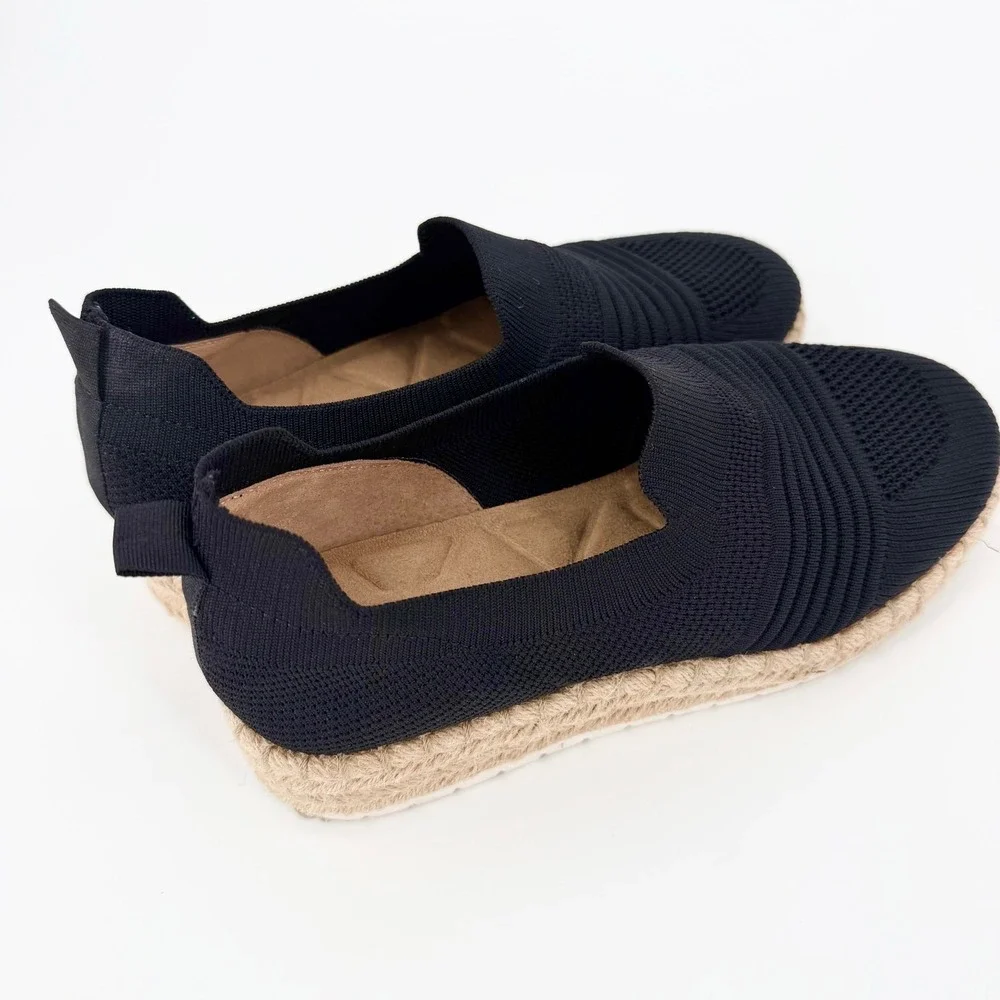Adrienne Vittadini Knit Espadrille Slip On Flats Black Women's 6.5 Travel